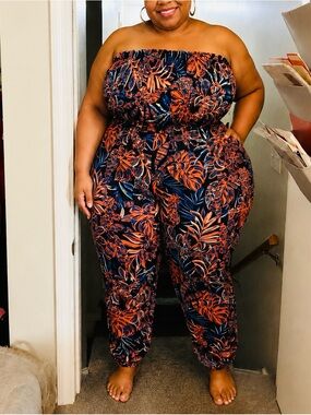 T.J.Maxx Navy & Orange Strapless Plus-Size Tropical Print Jumpsuit